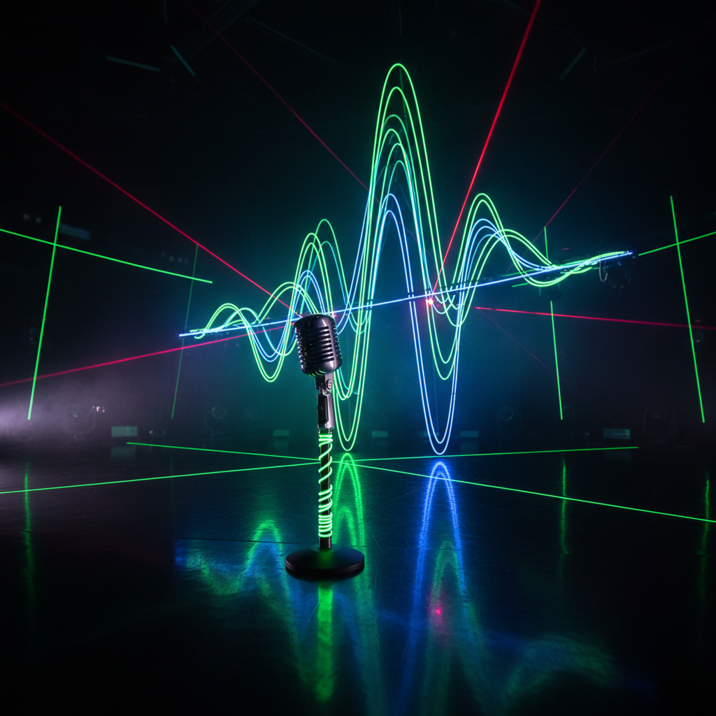 A dynamic stage with vibrant lights, an abstract representation of sound waves, and a microphone in the foreground, conv