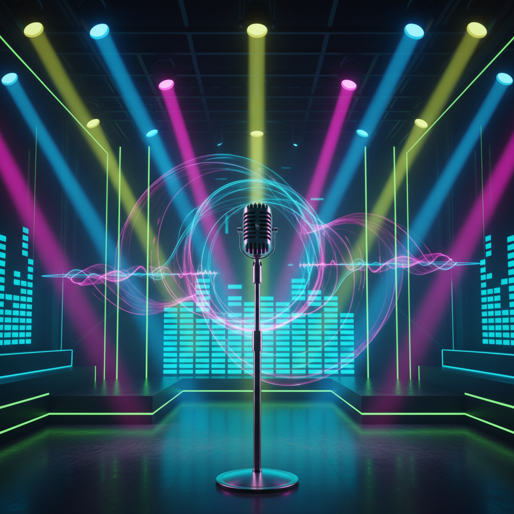 A dynamic stage with bright, colorful spotlights, microphone in the center, abstract sound waves emanating, digital equa