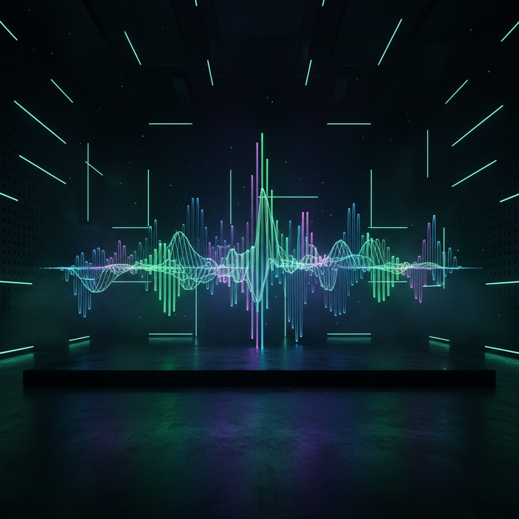 Futuristic sound wave equalizer in a dark studio with subtle stage lights, abstract musical visual, no people.