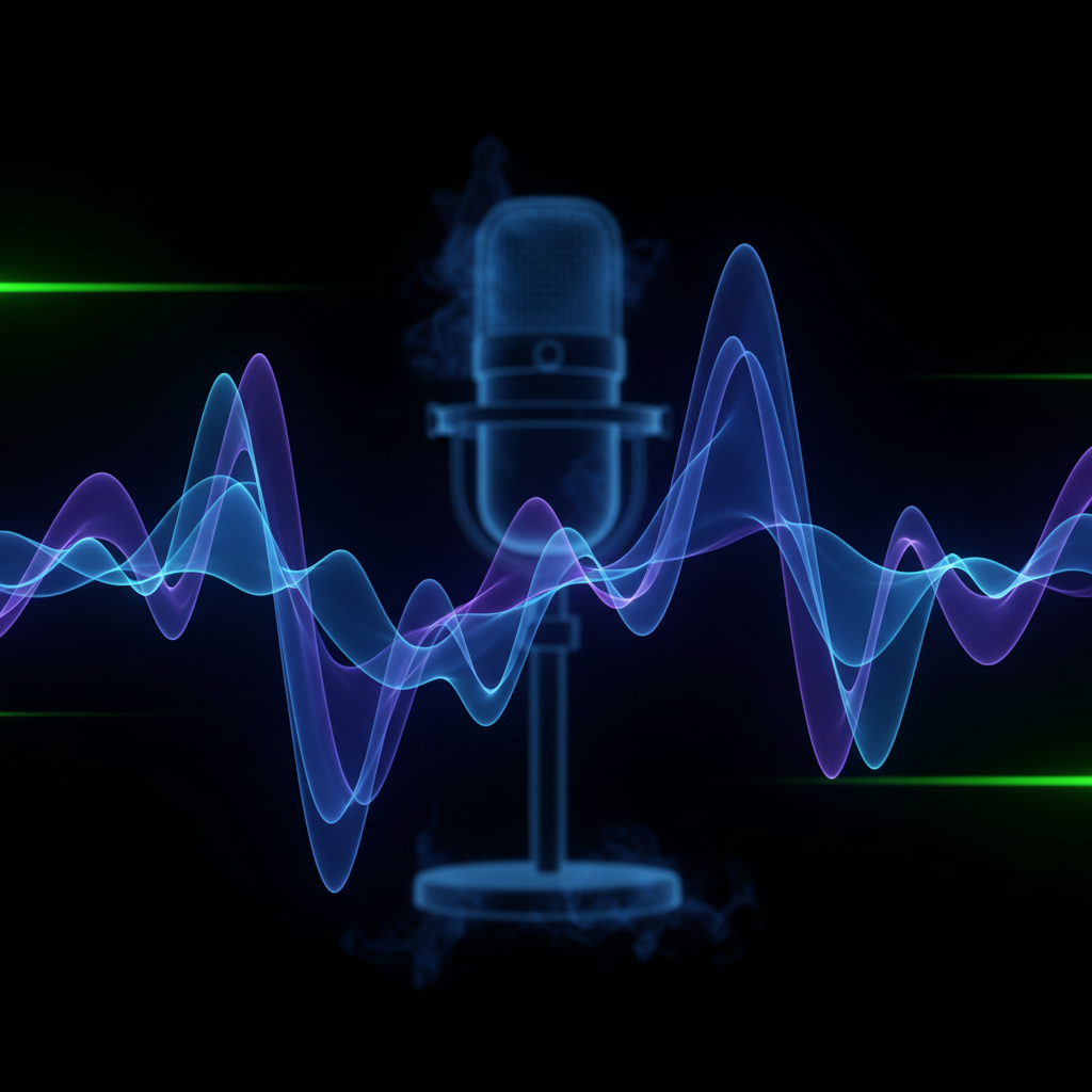 Abstract musical sound wave visualization with blue and purple hues, hints of a microphone silhouette faintly in the bac