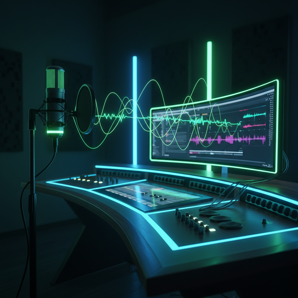 A modern recording studio desk with a high-quality microphone in the foreground, glowing with subtle neon lights. Abstra