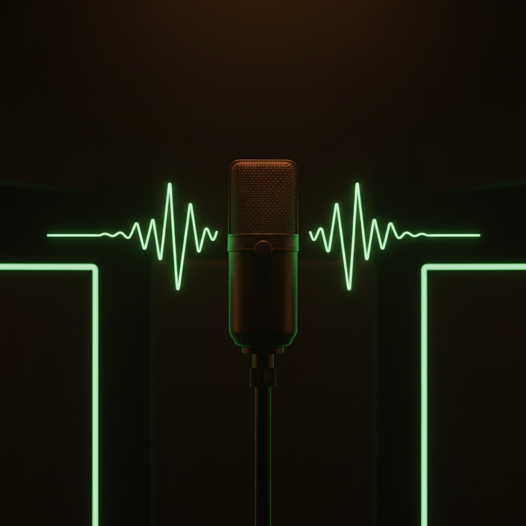 A minimalist studio setup with a microphone in the center, bathed in warm, calming ambient light. Abstract sound waves s
