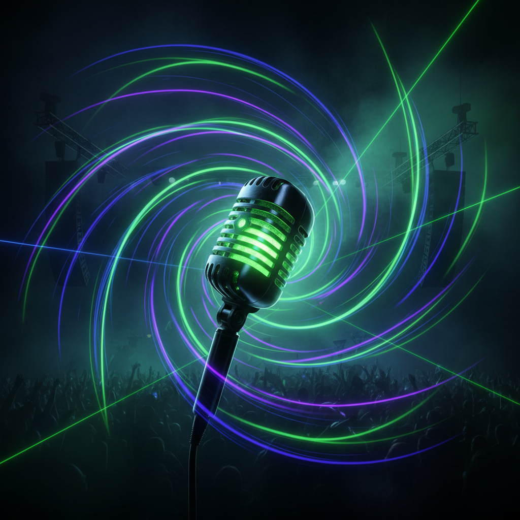 A vibrant but abstract image showing sound waves or vocal energy emanating from a central point, perhaps an artistic rep