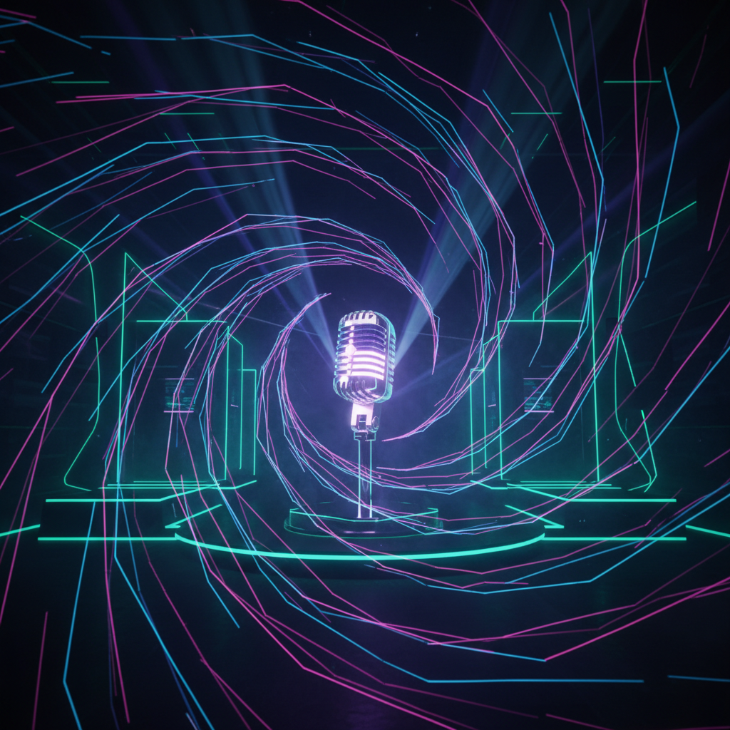 An abstract vibrant image of sound waves emanating from a microphone, with a sense of energy and performance in a studio