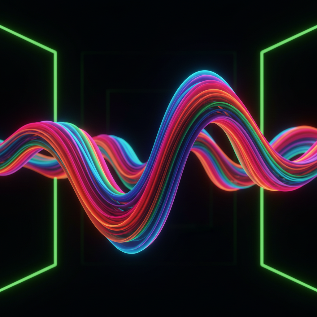 Abstract digital sound wave, vibrant colors, flowing lines, reflecting music and rhythm, studio lighting, no specific in