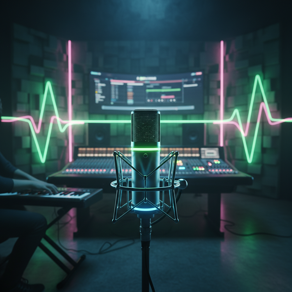 A dimly lit recording studio with a condenser microphone in the foreground, glowing with subtle neon lights, depicting m