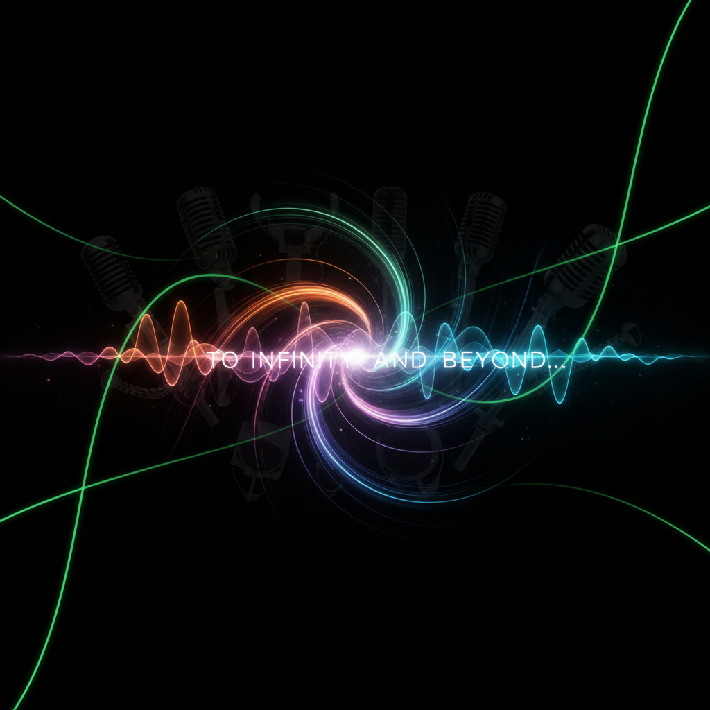 A vibrant and abstract sound wave visual, radiating from a central point, with subtle microphone outlines in the backgro