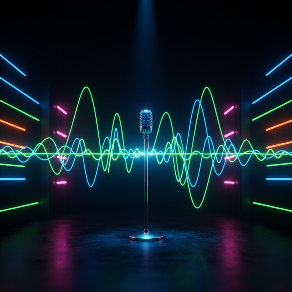 A stage bathed in energetic neon lights, a microphone stand at the center, with abstract sound waves emanating from it,