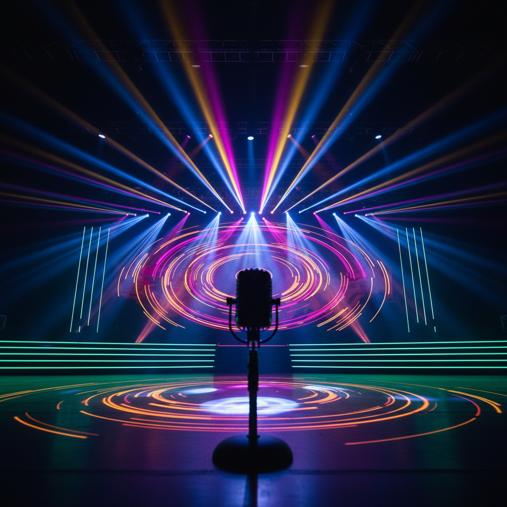 A dynamic stage bathed in vibrant, multi-colored spotlights, with abstract, flowing light patterns creating a sense of m