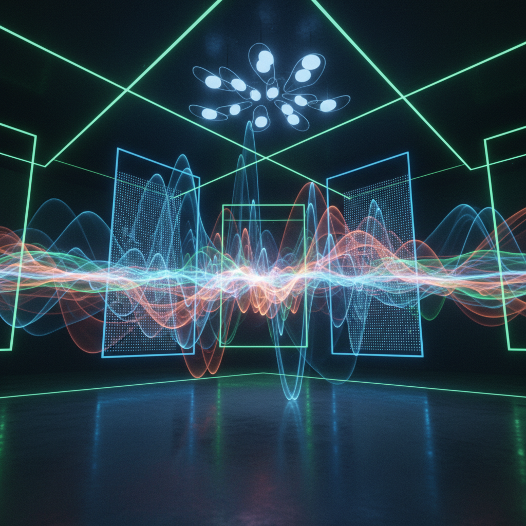 A dynamic studio environment with sound waves pulsating, mixing abstract musical elements with subtle light effects. Foc