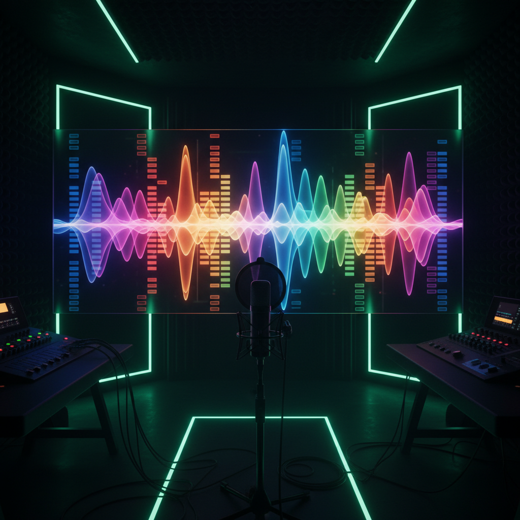A vibrant digital equalizer display with sound waves, capturing the energy of music, studio environment with microphone,