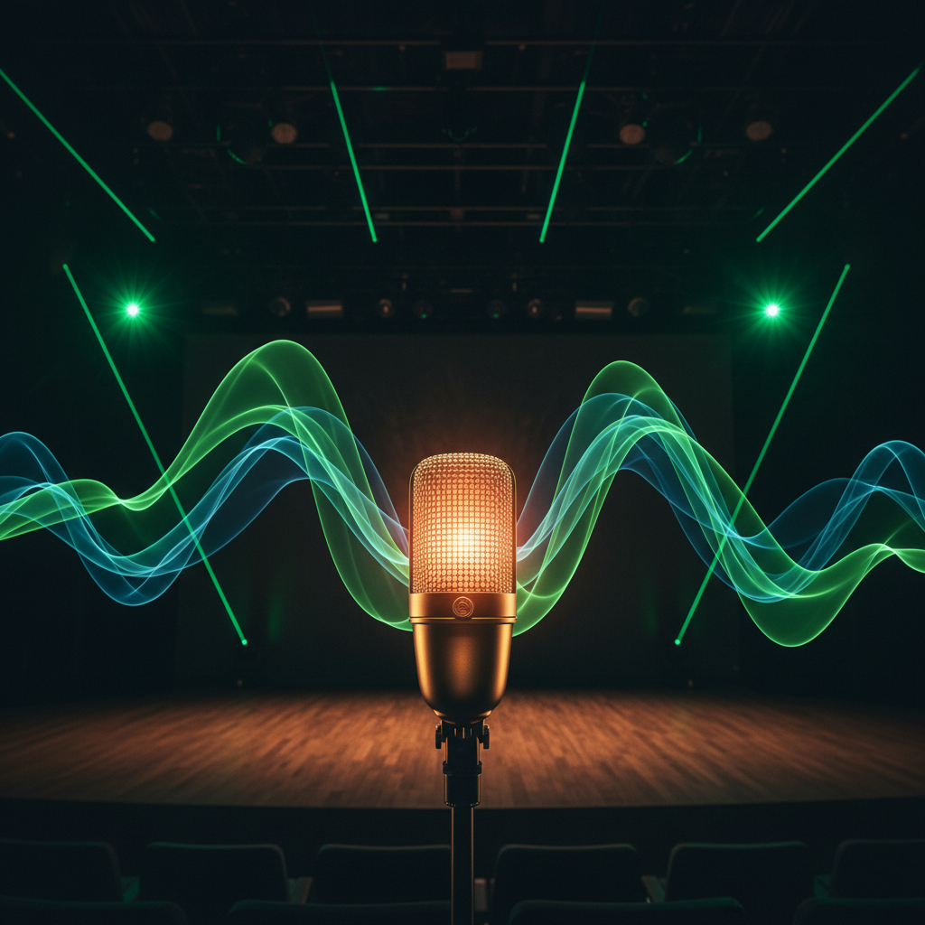 A warm, glowing microphone on a dark stage, with subtle abstract sound waves radiating from it, emphasizing vocal presen