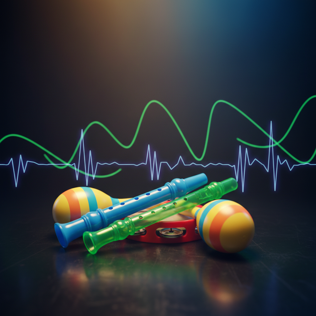 A close-up shot of various colorful classroom instruments like a kazoo, a plastic recorder, and small shakers, arranged 