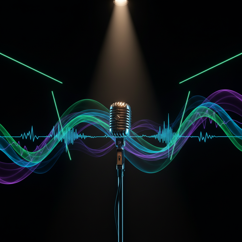 A dimly lit stage with a single spotlight on a vintage microphone, abstract sound waves emanating from it, representing