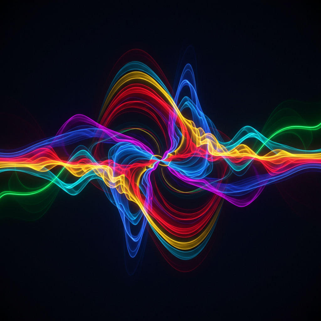 A vibrant and energetic musical abstract, with intertwined sound waves and rhythmic patterns, reminiscent of dynamic liv
